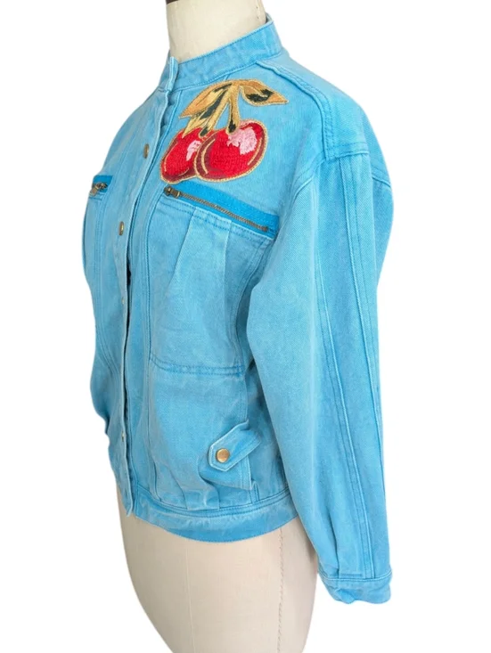 ELF SACK Turquoise Cotton Denim Jacket With Embroidered Cherries. Medium. - Picture 9 of 16